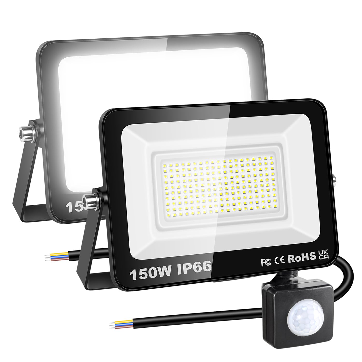 RIGIDON 2 Pcs PIR Motion Sensor Outdoor Floodlight, 150W 15000 Lumens Outside Led Work Light, Daylight Cold White Wall Light for Garden Garage Backyard Patio Lawn House Doorway, IP66 Waterproof 6000K