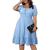 Eytino Plus Size Dress for Women Short Sleeve Square Neck Casual Mini Short Dresses for Wedding Guest(1X-5X)