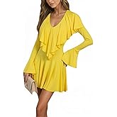 Elyndra Women’s Sexy V Neck Ruffle Mini Dress Long Bell Sleeve A Line Flowy Fit and Flare Party Cocktail Short Dress