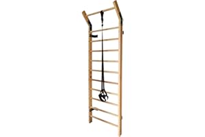 VICTORY MARTIAL ARTS Swedish Ladder Wood Stall Bar Suspension Trainer – Physical Therapy & Gymnastics Ladder w/ 11 Strategic Rods and Training Strap. Solid Pine.