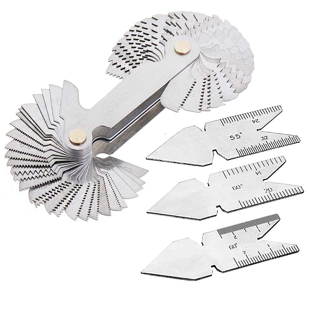 Gasea Stainless Steel Thread Pitch Gauge Tool Set, 58pcs Metric, Imperial & US SAE Screw Cutting Caliper Gages + 3pcs Center Gauges for Lathe, Measuring & Thread Cutting