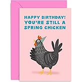 Old English Co. Spring Chicken Funny Happy Birthday Card - Cute Chicken Themed Birthday Card for Mum, Dad, Uncle, Auntie - Birthday Party | Blank Inside with Envelope