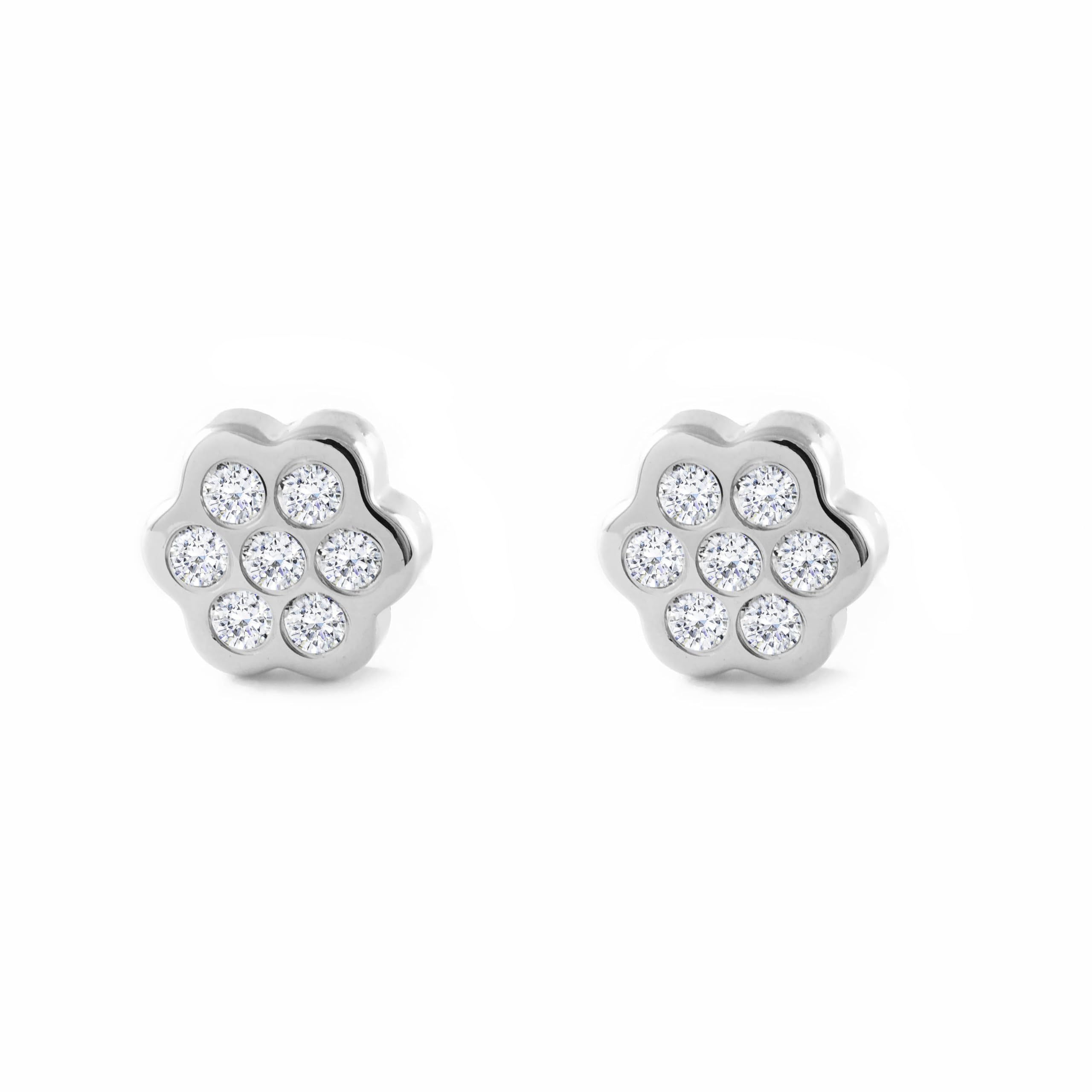 Mondepetit - 9ct White Gold Daisy Flower Cubic Zirconias Children's Girls Earrings shine