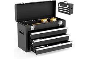 Gornoxblif 3 Drawer Metal Tool Box, Portable Metal Tool Box with EVC Liners and Latches Closure, Heavy Duty Steel Tool Chest with Ball Bearing Opening and Powder Coated Finish, Black