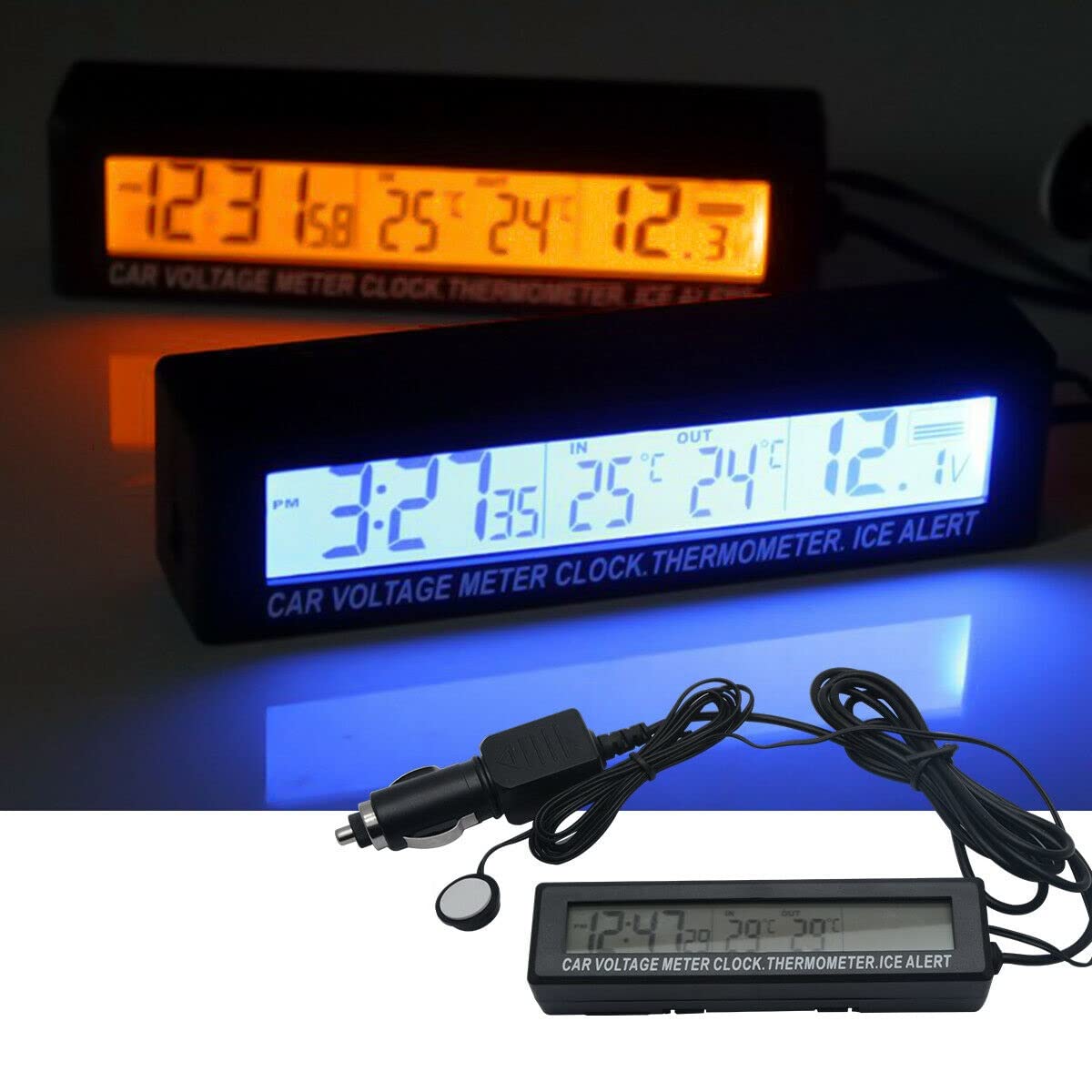 Photo 1 of Car Auto Thermometer Temperature Voltmeter Gauge 12V/24V Voltage Meter Monitor LCD Digital Display Clock with Cigarette Lighter Car Charger