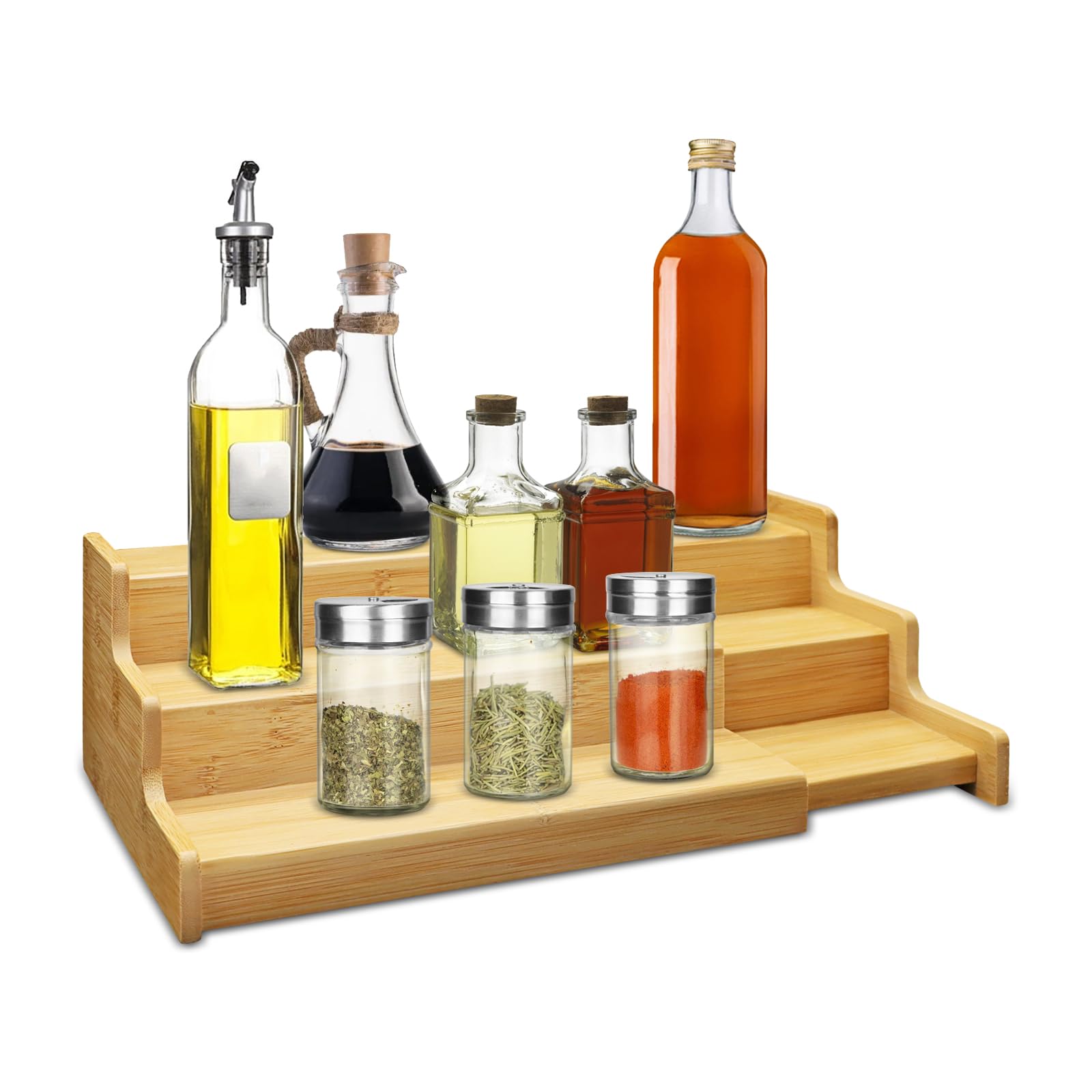 Yeelua 3-Tier Extendable Spice Rack, Bamboo Step Shelf Storage Holder Free Standing Spice Organiser Kitchen Storage Rack for Kitchen Cabinet, Cupboard, Pantry and More-Bamboo
