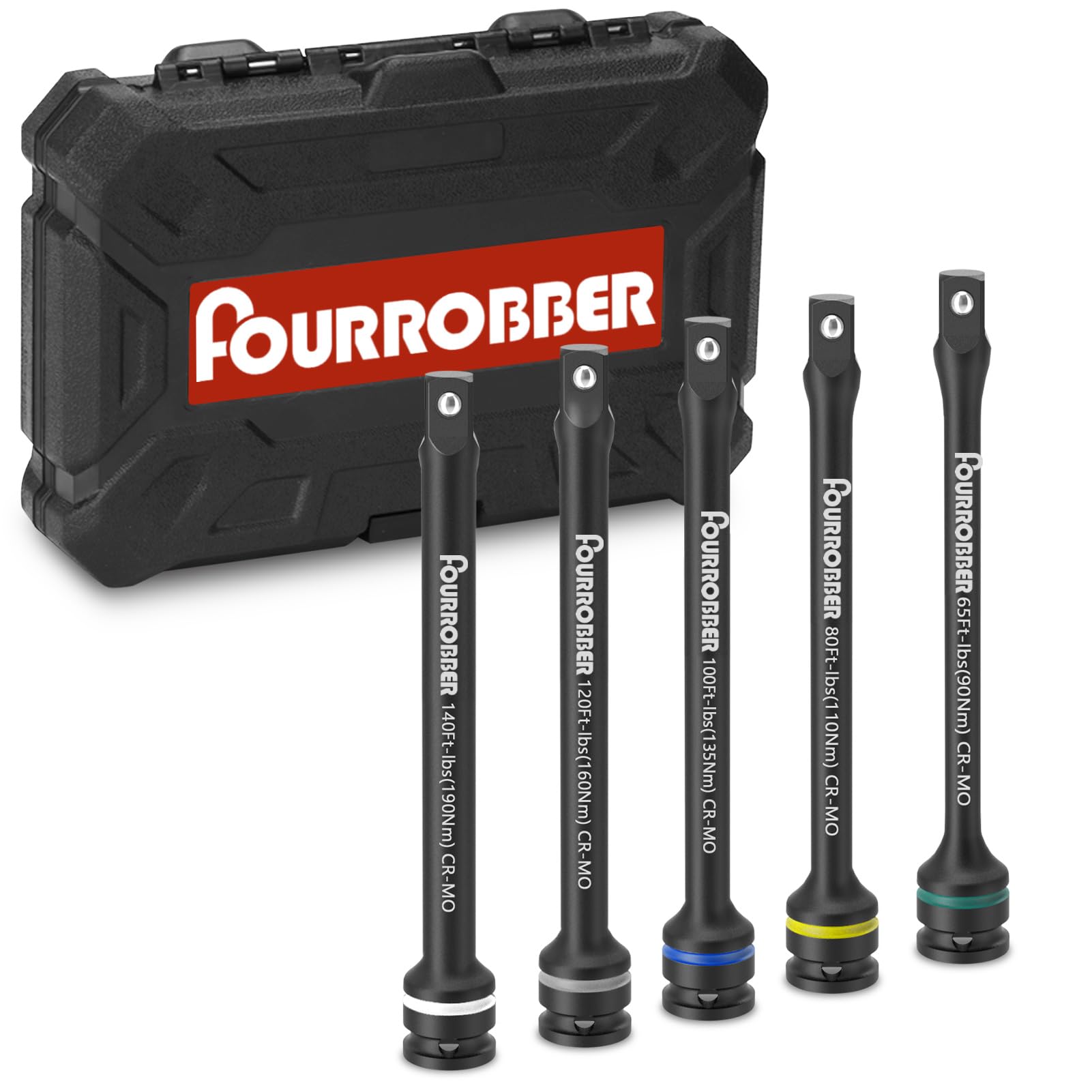 Fourrobber 1/2" Drive Torque Limiting Extension Bar Set, 5-Piece Lug Nut Torque Stick Set with Color-Coded 90-190NM Torque Sticks