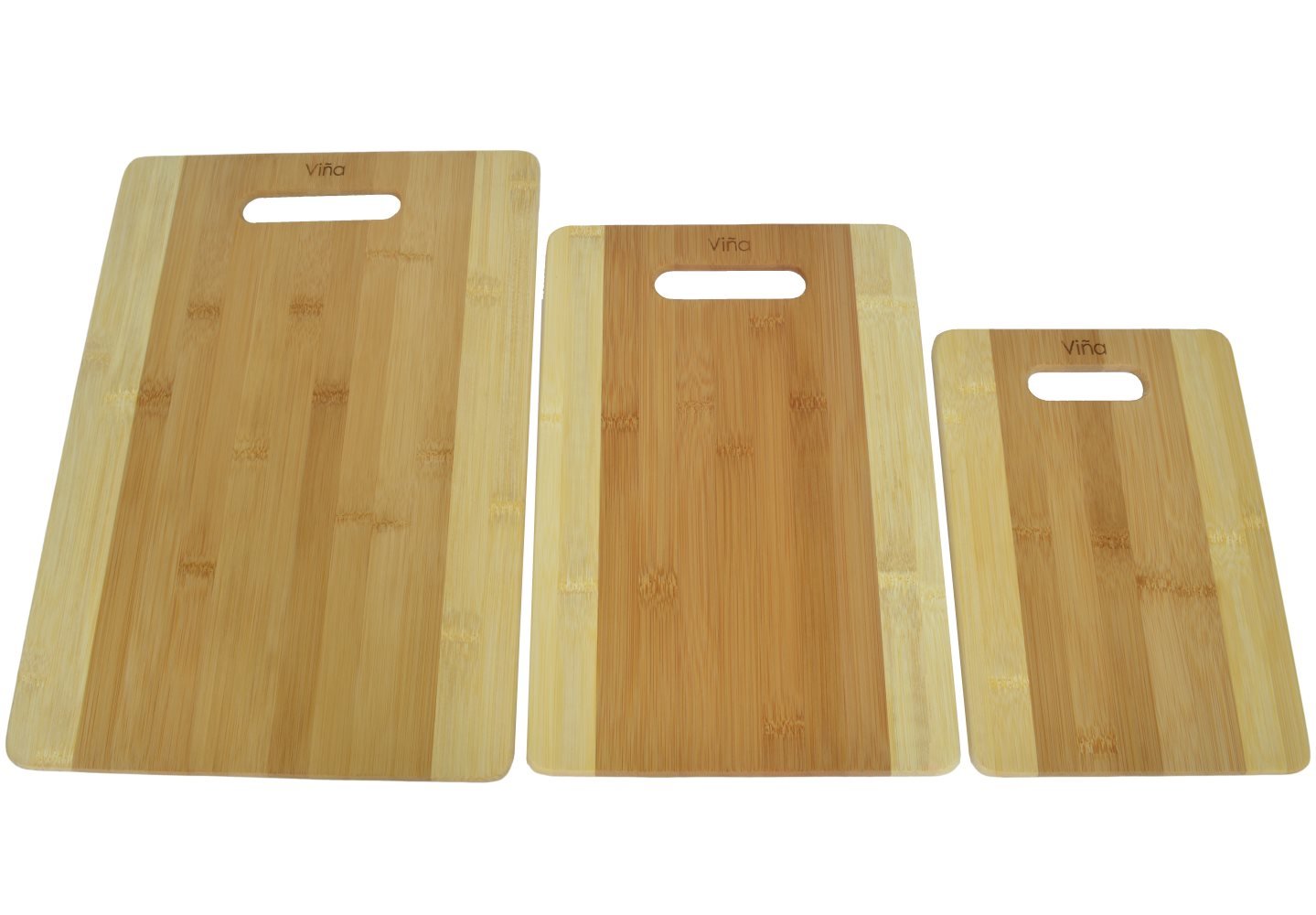 Vina 3 Piece Bamboo Cutting Boards Set - Chopping Board with Handle for Meat Veggie Prep, Serve Bread Crackers Cheese Butter, Cocktail Bar Board - Large, Medium and Small Size