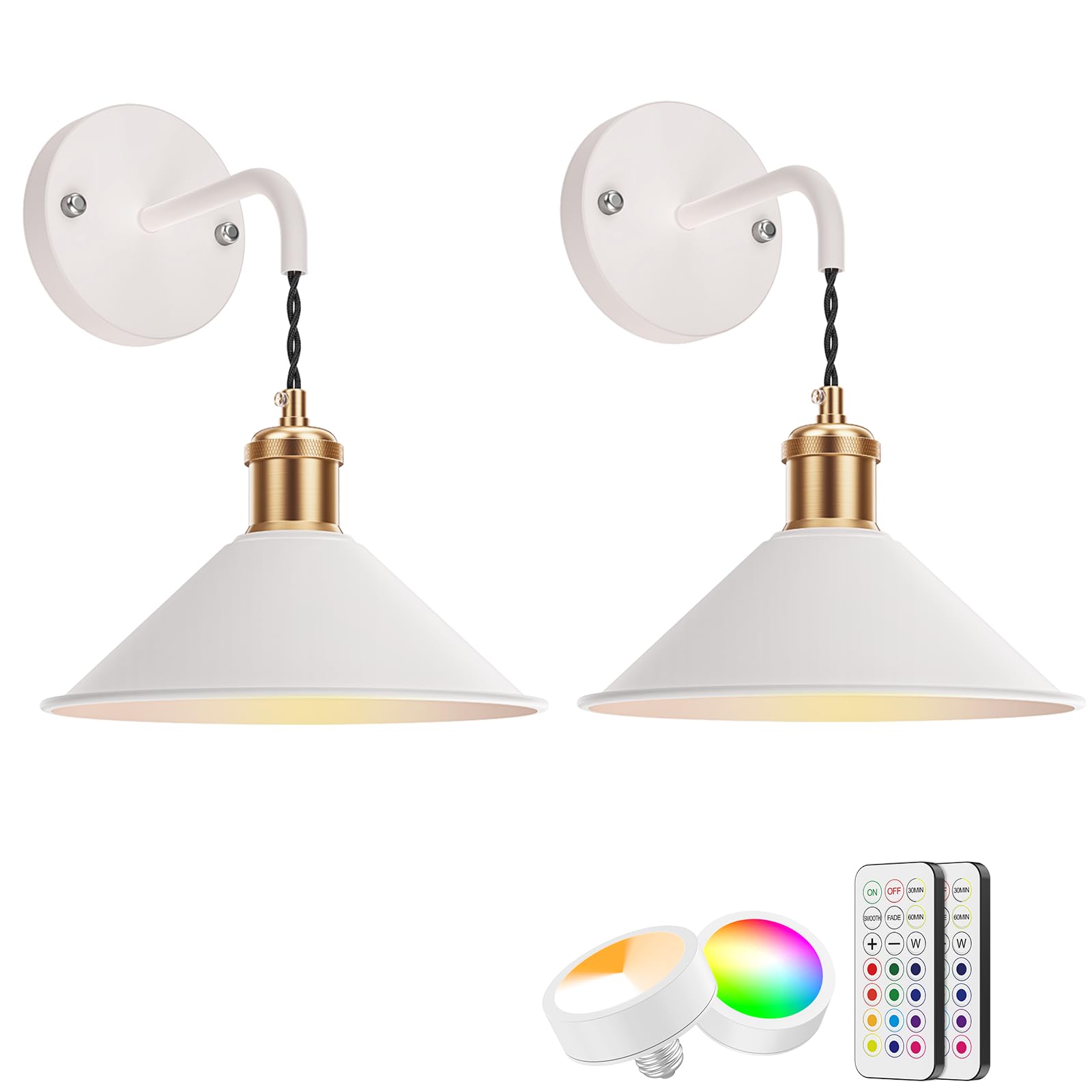 HURYEE Wall Light Indoor Outdoor Vintage Pack of 2 with Remote Control, White Wall Lamp Indoor Battery LED Wall Light Wireless Wall Light Dimmable for Living Room Bedroom Hallway Stairs Gardens