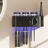 UV Toothbrush Sanitizer and Holder Wall Mounted, Electric Toothbrush Holder for Bathroom with UVA+UVC Light &amp; Fan Dry, 6 Toothbrush Slots &amp; 3 Cups, No-Drill Rechargeable Toothbrush Organizer（Black）