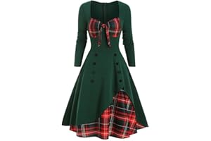 RDEGOOCHA Holiday Dresses for Women Vintage 1950s Plaid Dress Retro Cocktail Party Swing Dresses Bowtie Front Formal Long Sleeve Dress
