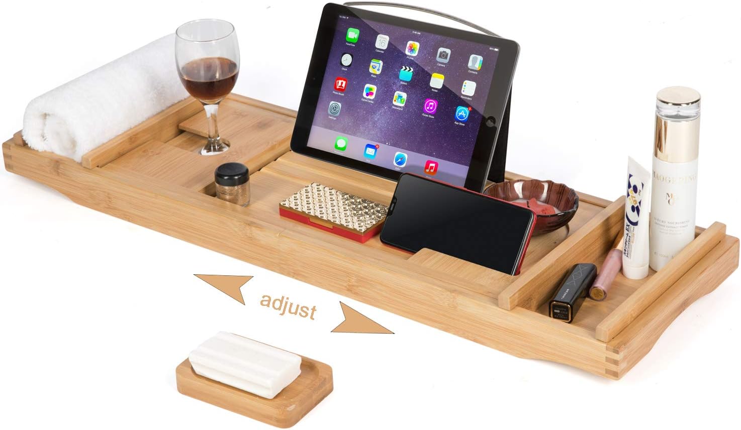 HYNAWIN Bamboo Bathtub Tray Rack for Tub Adjustable Bathroom Bathtub Caddy with Expandable Sides Organizer for Tub-Holder for Wine Glass,Reading Rack, Tablet Holder, Cellphone: Home & Kitchen