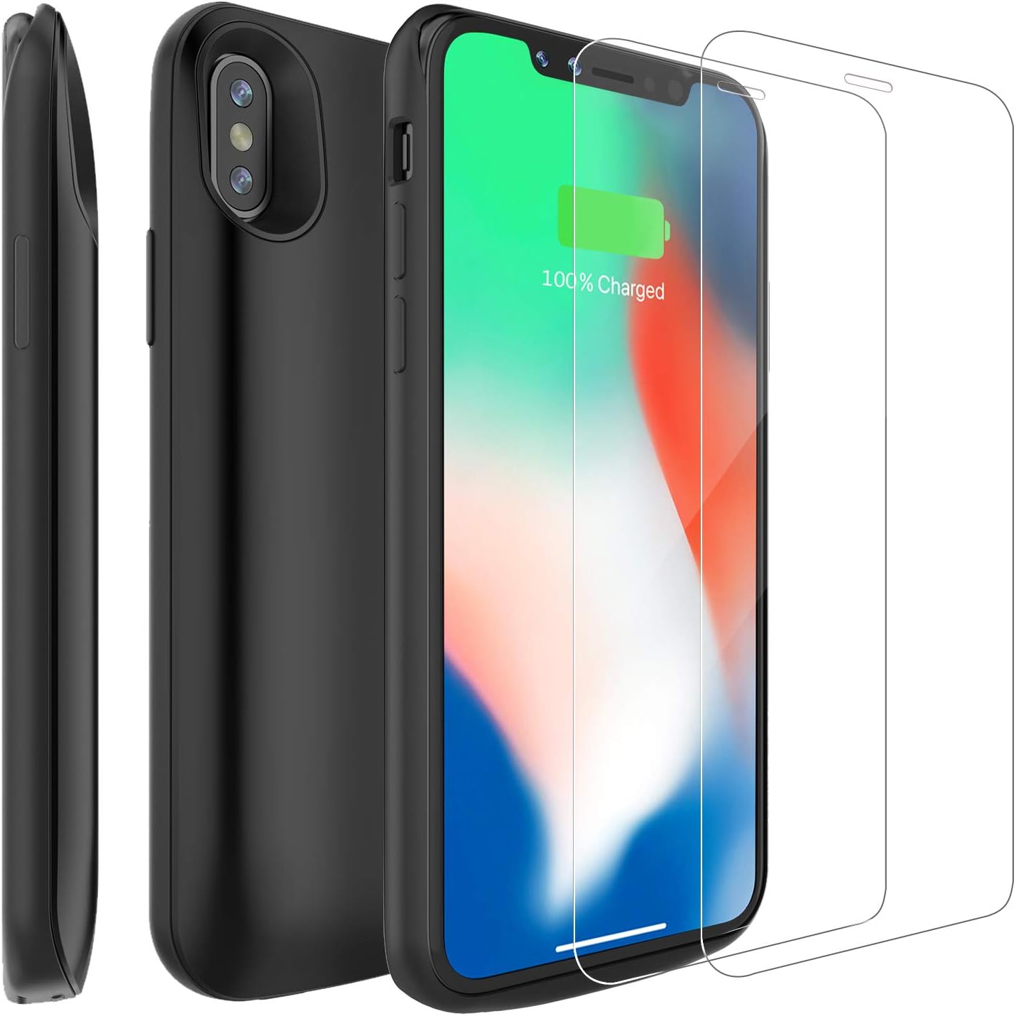 Charger Case Compatible for iPhone X/iPhone Xs 2018[2 Pack Free Screen Protector], PEMOTech 6000mAh Slim Portable Rechargeable Battery Case Extended Battery Charger Protective Charging Case -BLACK