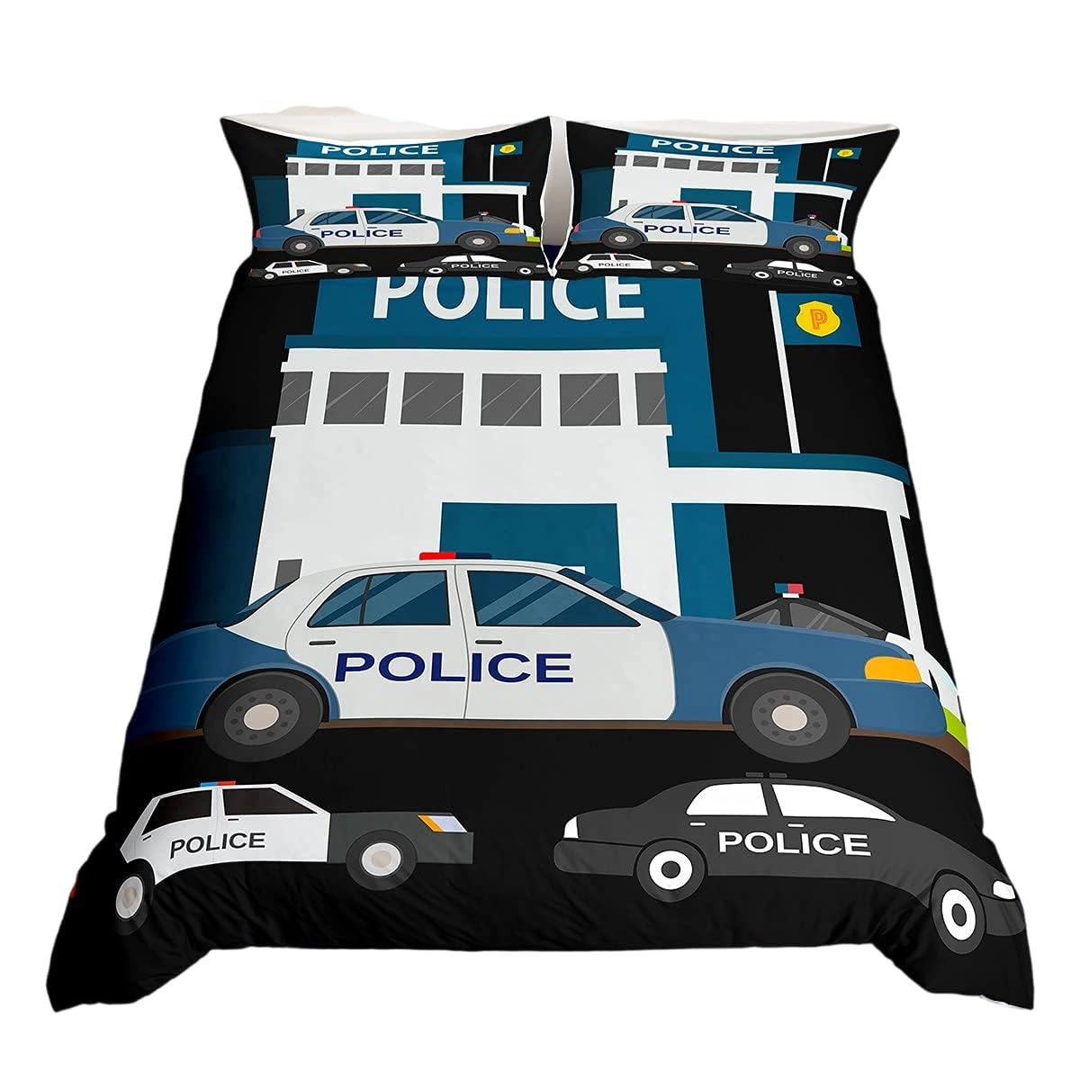 Homewish Police Car Duvet Cover Double Size Kids Cartoon Car Bedding Set Emergency Responder Vehicles Comforter Cover For Boys Girls Blue Grey Bedspreads Cover With 2 Pillow Cases Bedroom Decor