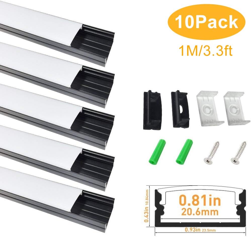 LightingWill 10-Pack U-Shape LED Aluminum Channel 3.28ft/1M Anodized Black Track for <20mm Width SMD2835 3528 5050 LED Strips with Oyster White Cover, End Caps and Mounting Clips U04B10