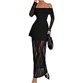 SOLY HUX Women's Off The Shoulder Lace Sheer Maxi Dress Long Sleeve Bodycon Cocktail Party Wedding Guest Long Dresses