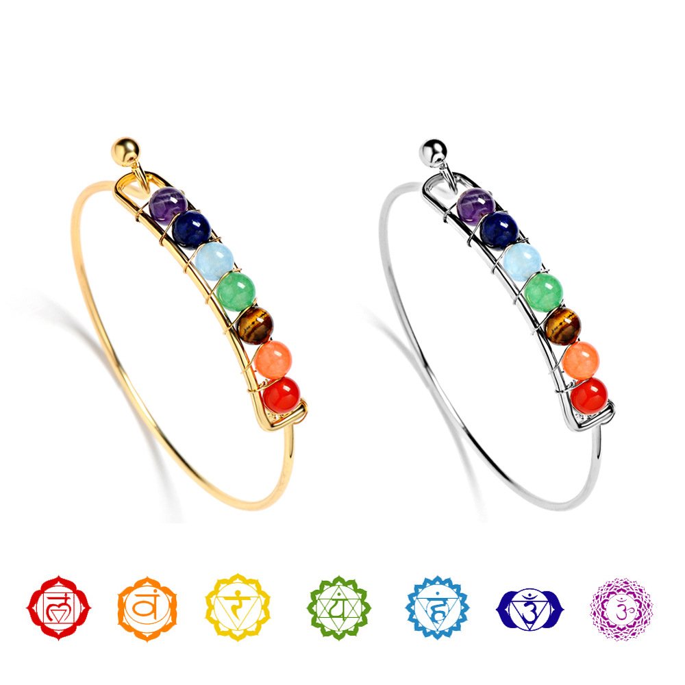 Coco Fashion 7 Chakra Bangle for women with Natural Gemstone for Health, Silvery and Golden Surface (Gold)