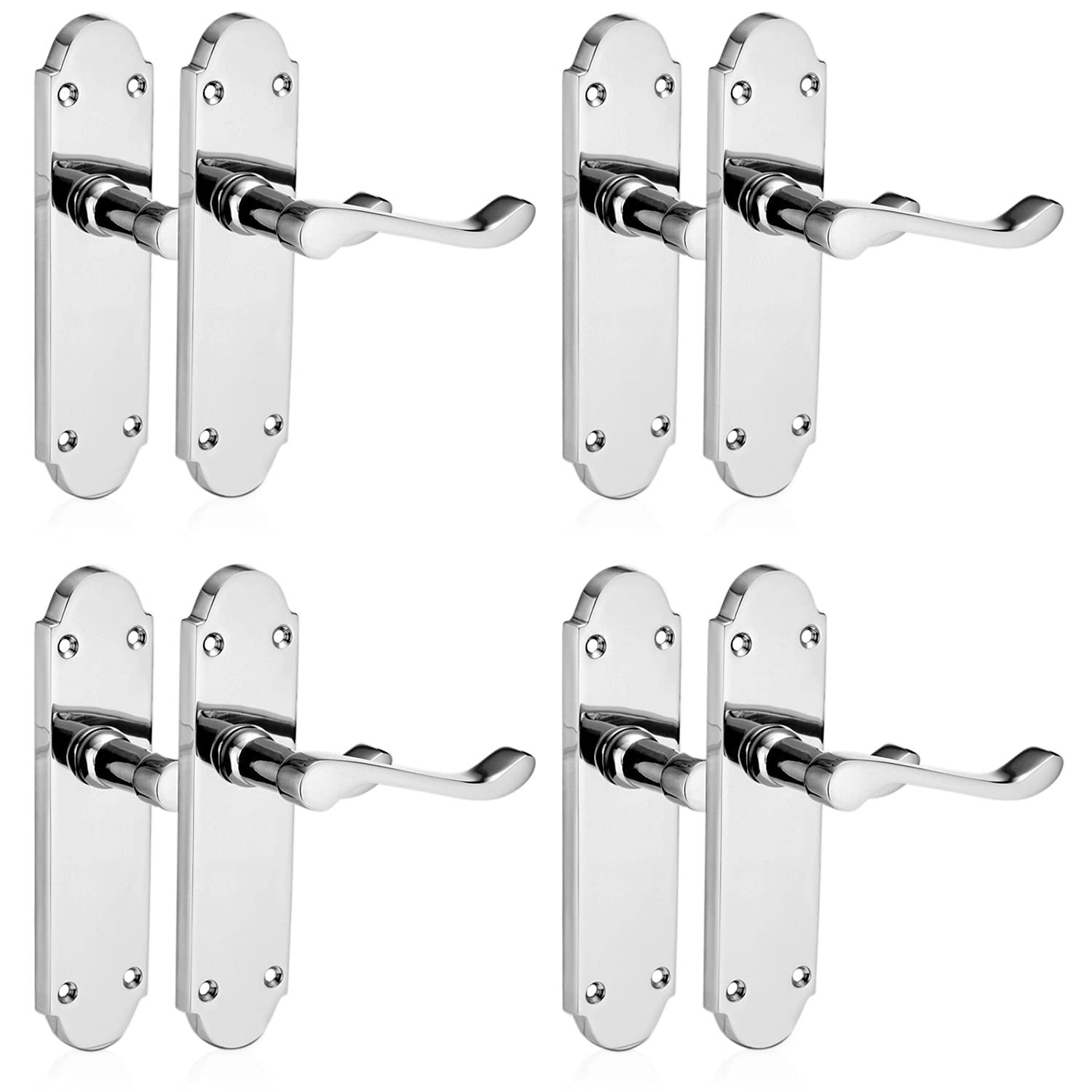 XFORT Richmond Lever Latch Scroll Door Handles, Set for Wooden Doors, Internal Handles, [4 Pairs] Polished Chrome