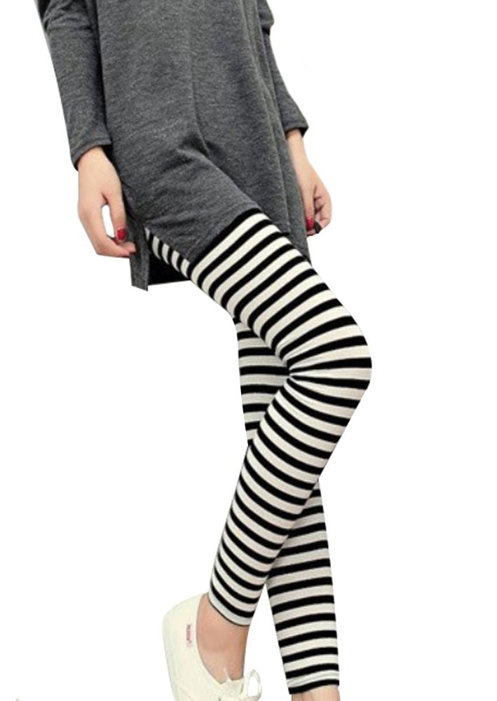 ThunderCloud Women's Stretchy Horizontal/Vertical Back & White Striped Ankle Length Legging Pants