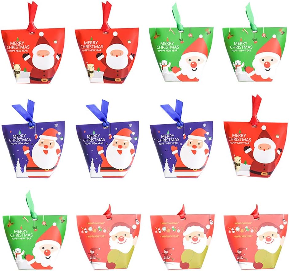12pcs Bags with Ribbon Santa Claus Snowman Patterns Paper Bag Candy Chocolate Treat Bags Xmas Holiday Party Favor - Image 4