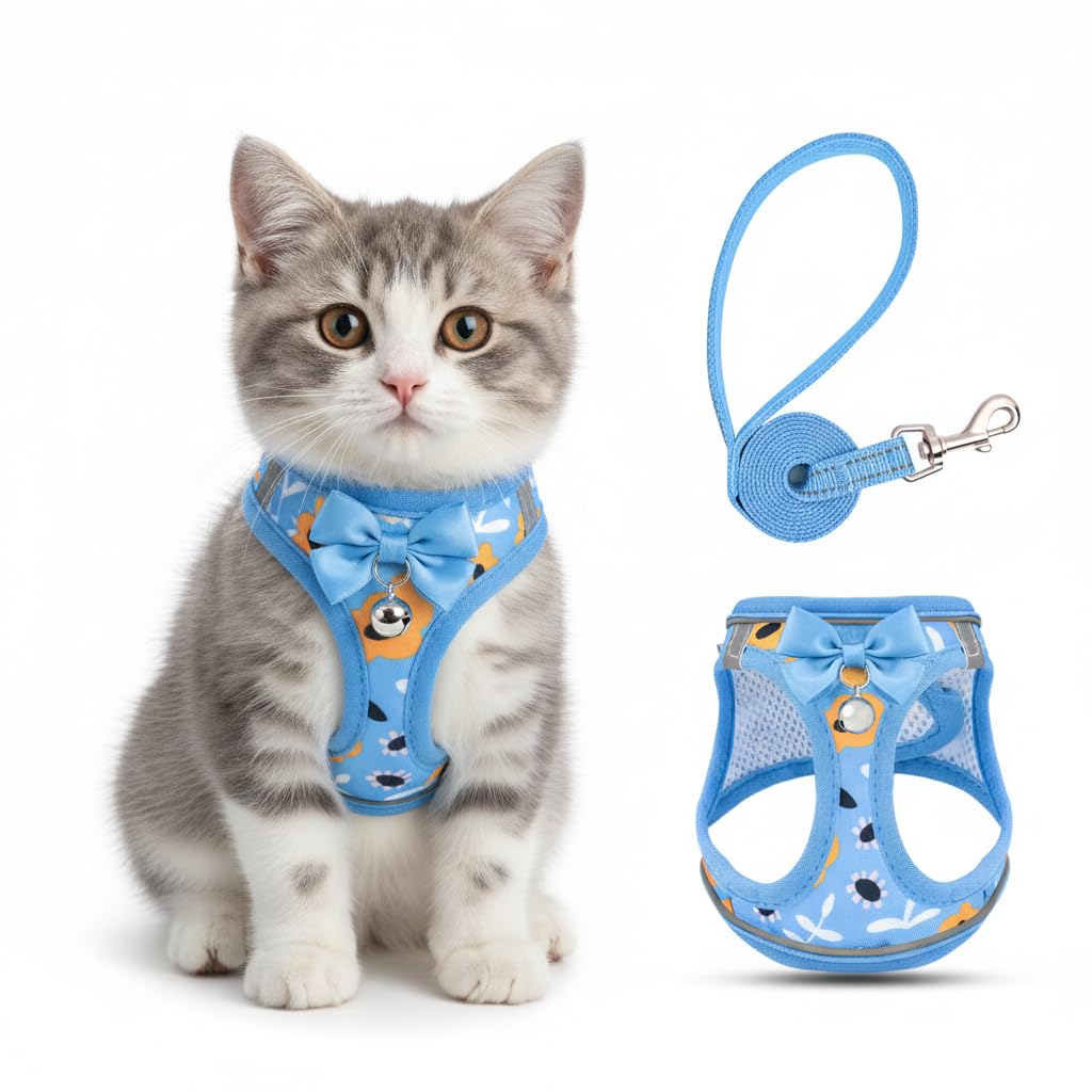 Cat Harness and Lead Escape Proof for Walking, Adjustable Soft Kitten Harness with Reflective Straps Step in Cat Vest for Small Kitten and XS Dogs