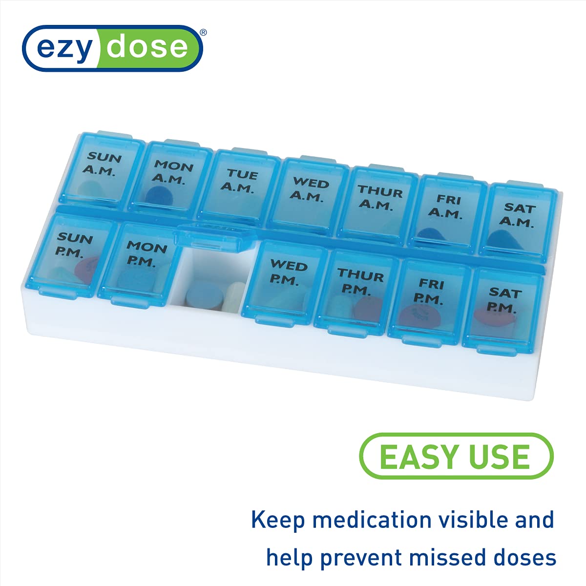 EZY DOSE Weekly (7-Day) AM/PM Pill Case, Medicine Planner, Vitamin Organizer, Medium Compartments, 2 Times a Day, Color May Vary, BPA Free