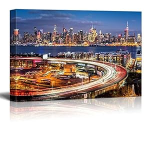 Traffic and Light with The New York Skyline Shines in The Background - Canvas Art Wall Art - 12" x 18"