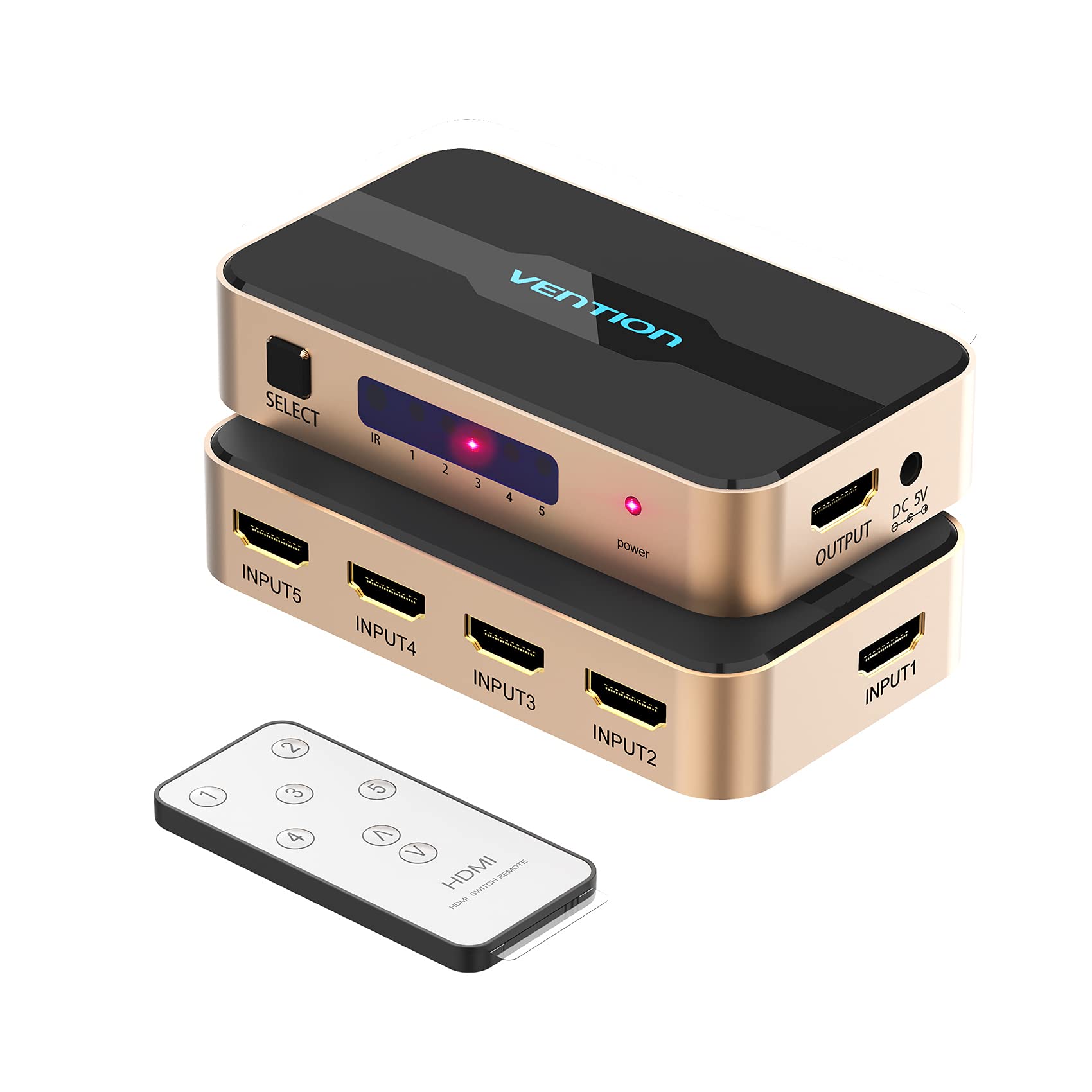 Vention HDMI Switch 5 in 1 Out 5 Port HDMI Extender Switcher Selector Box Splitter with IR Remote Control, Support 4K@30Hz,HDR,HDCP,3D,1080P HDTV PS3 PS4 Xbox Projector Blu-ray Player