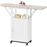 Rolling Ironing Board with Storage Cabinet, Folding Ironing Board, White | Small Ironing Board Cabinet with Wheels, Wooden Fold Down Ironing Station with Heat-Resistant Sponge for Small Space