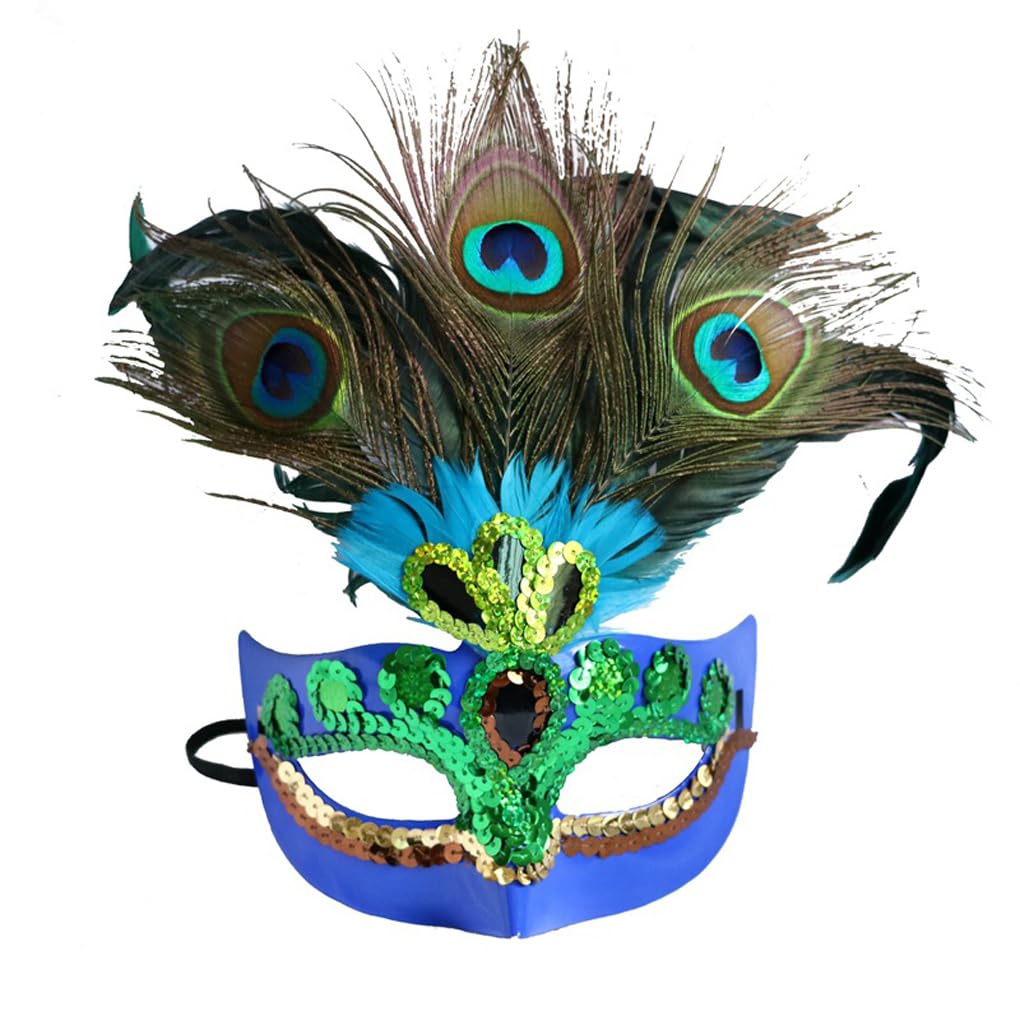 OhMill Halloween Peacock Masquerade Women Halloween Party Fancy Dress Semi Eye Mask With Feather Decoration Halloween Cosplay Ball Role Play Costume, Blue
