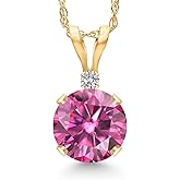Gem Stone King 14K Yellow Gold Pink Moissanite and Lab Grown Diamond Pendant Necklace for Women | 0.82 Cttw | Gemstone Birthstone | Round 6MM | With 18 Inch Chain