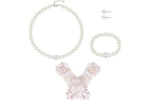 Geyoga 4 Pcs Pearl Necklace Set for Little Girls Toddler Girls Tea Party Jewelry White Pearl Earrings Bracelet Sets First Communion Gloves Kit for Kids Age 4-12 Years(Exquisite Style,8-12 Years)