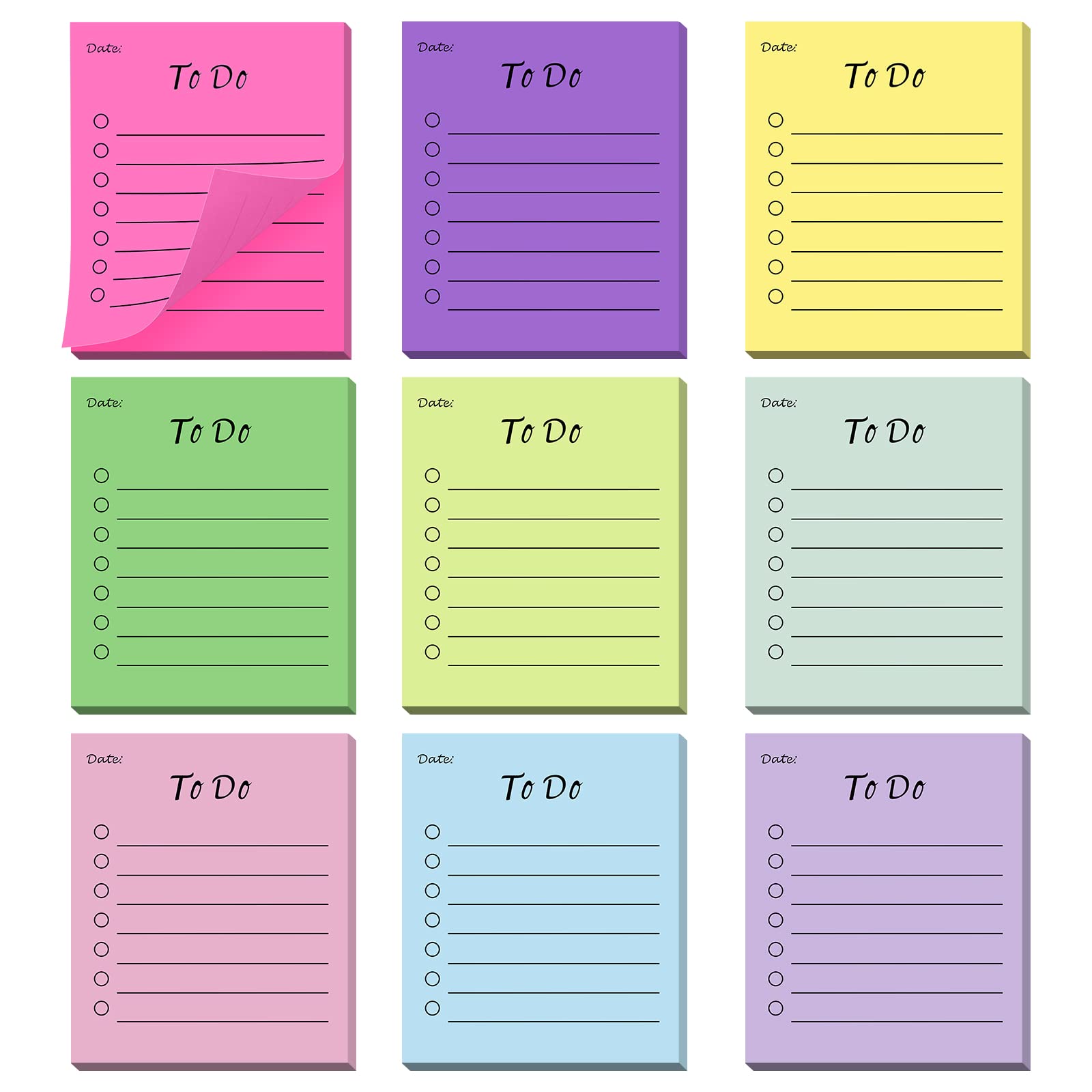 Vicloon Lined To Do List Notes, 450PCS, 9 Pack Horizontal Self Sticky Notes Pad Assorted Removable for Office, Home, School, Meeting (9 Color)