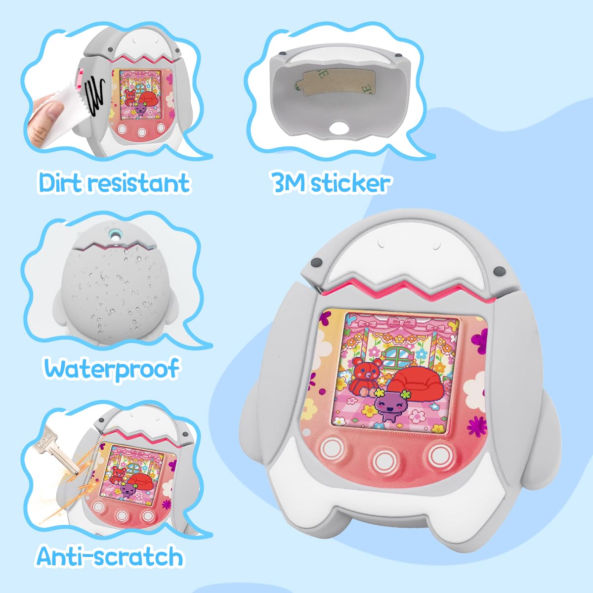 BEARDDO Silicone Case Compatible with Tamagotchi Pix Virtual Pet Game Machine, Cute Cartoon Grey Shark Virtual Pet Game Machine Protector Cover with Lanyard for Tamagotchi Pix Accessories (Grey)