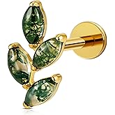 FINE4U 16G Moss Agate Body Piercing Jewelry for Helix Flat Tragus Lobe 16G 6mm 8mm - ASTM F136 Titanium Screw on Flat Back Stud, Hypoallergenic Cartilage Earring