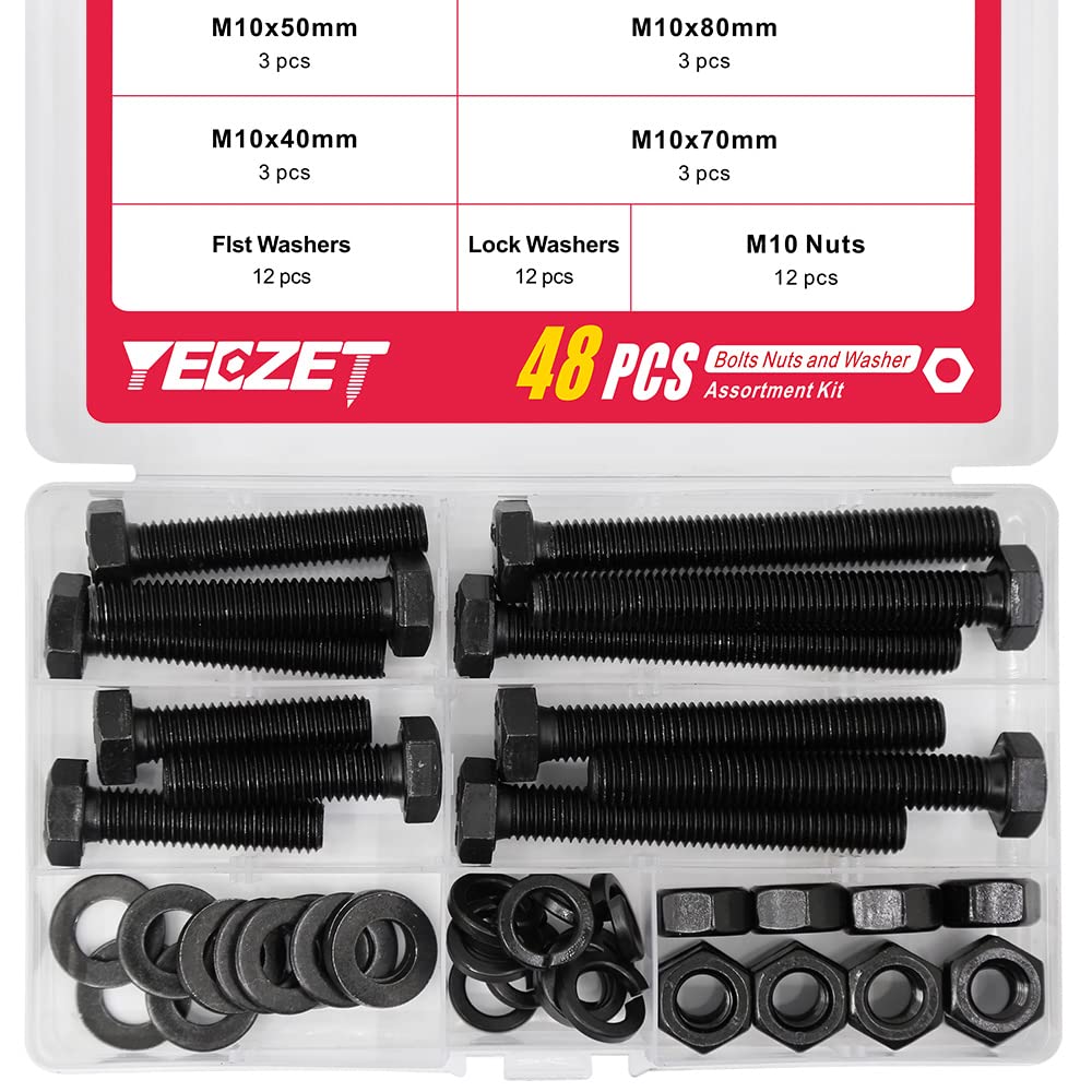 YEEZET 12 Set M10 Hex Head Screws Bolts and Nuts Flat & Lock Washers Assortment Kit Alloy Steel Grade 8.8 (40mm 50mm 70mm 80mm)