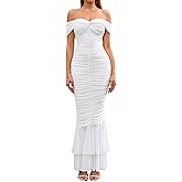 URYIAO Off Shoulder Maxi Dress for Women Ruched Bodycon Formal Wedding Guest Long Dresses