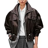 URBAN REVIVO Brown Cropped Faux Leather Jacket for Women, Belted Waist with Oversized Lapel