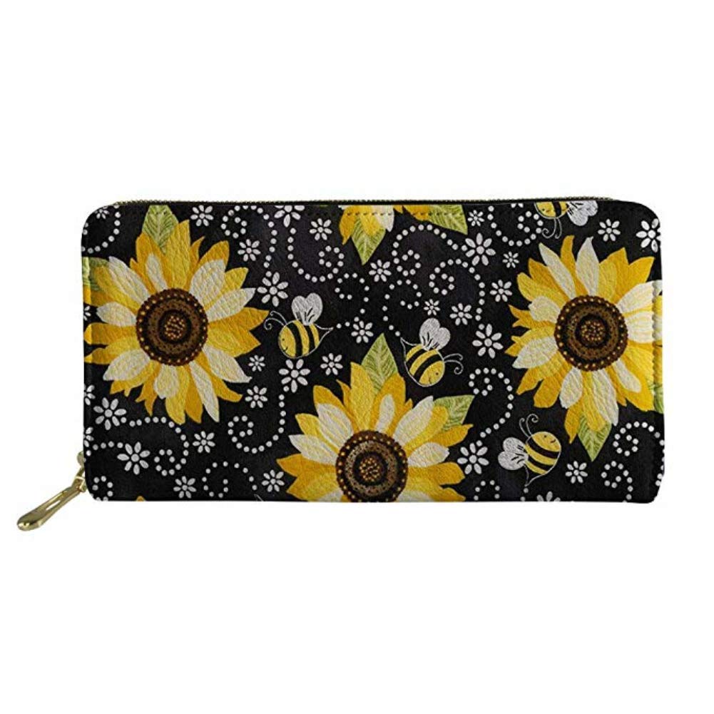 Woisttop Sunflower Cartonn Bee Flower Black Floral Wallet Leathter Zip Around Phone Clutch Large Travel Purse