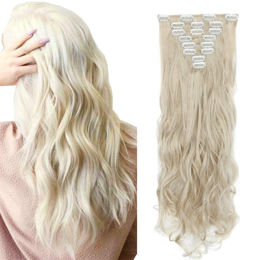8Pcs 18Clips Full Head Clip in Hair Extensions Long Curly Synthetic Thick Hair Extension Ombre Wavy Hairpiece for Women 24" Ash Blonde mix Bleach Blonde