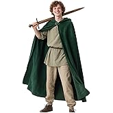 L'VOW Medieval Green Hobbit Cloak Renaissance Elf Hooded Cape wtih Leaf Brooch Clasp