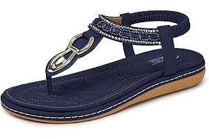 SHIBEVER Womens Sandals Dressy Summer: Women Comfortable Walking Flat Bohemian T-Strap Ladies Casual Comfy Sandals