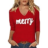 Scgirl Womens 3/4 V Neck Sleeve Christmas Shirts Merry Christmas Shirts Plaid Leopard Tree Graphic Tee Tops