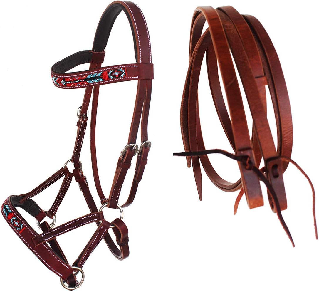 CHALLENGER Horse Western English Leather Beaded Bitless Sidepull Bridle Reins 77RS17MG-F : Sports & Outdoors