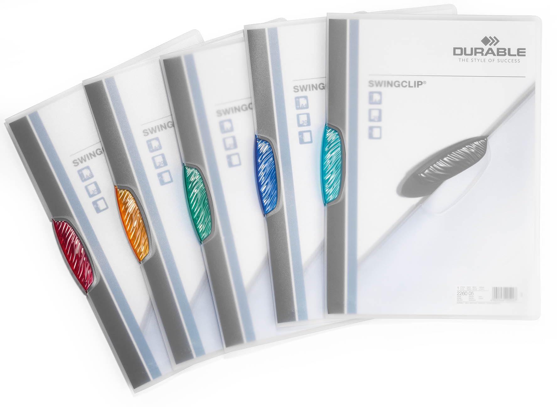 Durable SWINGCLIP® 30 A4 Clip Folder | Holds up to 30 Sheets of A4 Paper | Stylish & Colourful Plastic Clip | Pack of 5 Transparent Folders with Coloured Clips