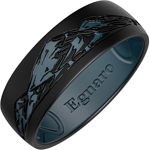 Egnaro Men's Etched Silicone Wedding Band, 7.4mm Wide Mountain Pattern Ring | 2.1mm Thick Tow-Tone Rubber Rings, Breathable X