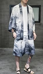 Ambcol Men's Japanese Style Kimono Tops Shorts Sets