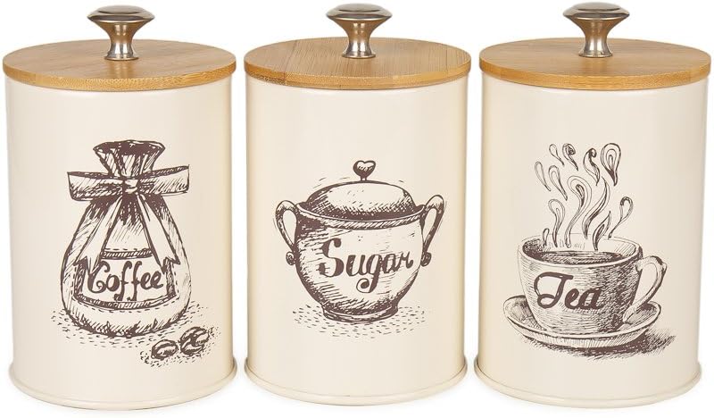 X023S Set of 3 Cream Metal Food Storage Tin Canister/Jar with Bamboo Lid