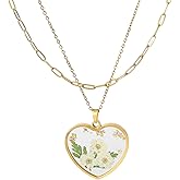 Lit Wall Birth Flower Necklaces for Women Gold 2Pcs 18K Gold Plated Handmade Pressed Flower Necklace Heart Shaped Birth Month Flower Necklace Flower Pendant Necklace Birthday Gifts for Women
