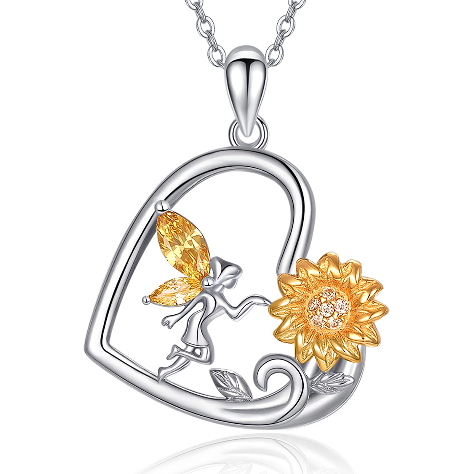 TANGPOET Elf Fairy Necklace Fairy Necklace for Women Girls 925 Sterling Silver Sunflower Angel Necklace Fairy Pendant Fairy Angel Gifts for Mum Wife Girls